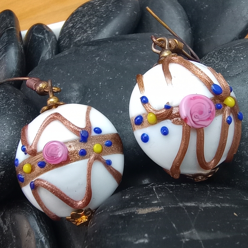 Venetian style Wedding Cake Art Glass Earrings Wires 1.25"